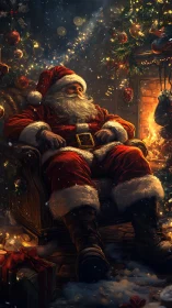 Santa figure seated by illuminated fireplace at night.