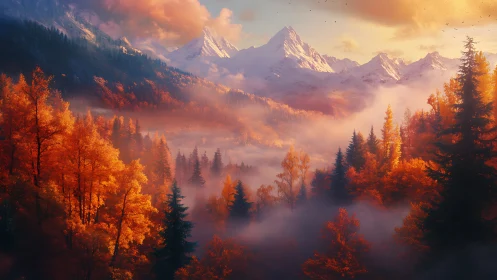 Golden autumn forest unfolds beneath misty alpine peaks.
