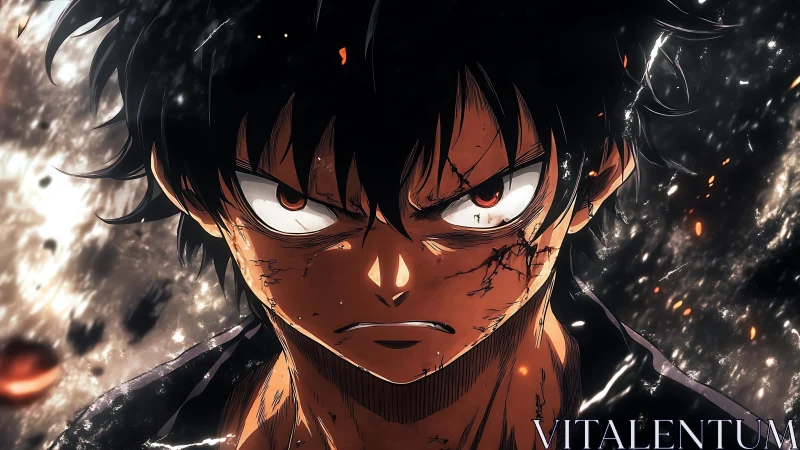 Intense anime fighter with scars in a burning battle scene.