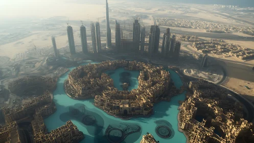 Aerial hyperdense desert megacity with concentric aqua basins.