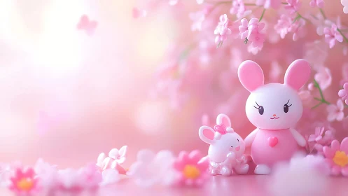 Pink bunny toys with blossoms in soft pastel background.