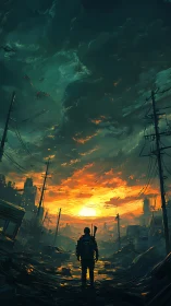 Solitary survivor studies ruined city under infernal sunset sky