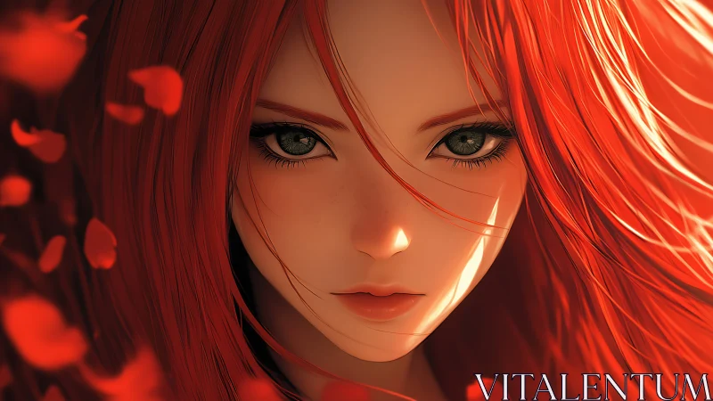 Fiery red haired anime girl with intense emerald gaze.
