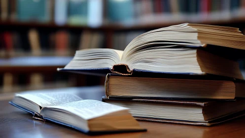 Stacked open books rest on a wooden library table