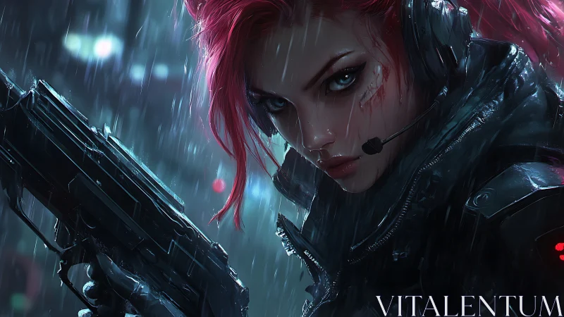 Cyberpunk sniper locks on target in neon city downpour