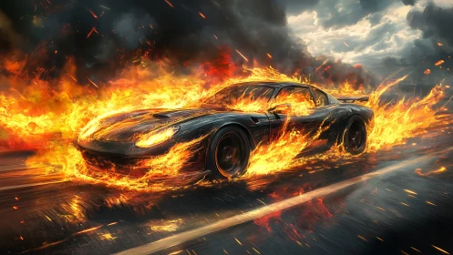 Flaming supercar races through firestorms on a wet highway.
