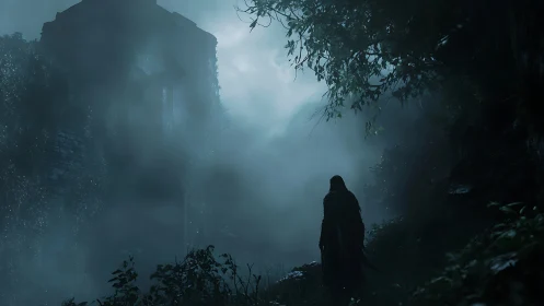 Lone wanderer confronts a mist-drowned ruin at moonrise.