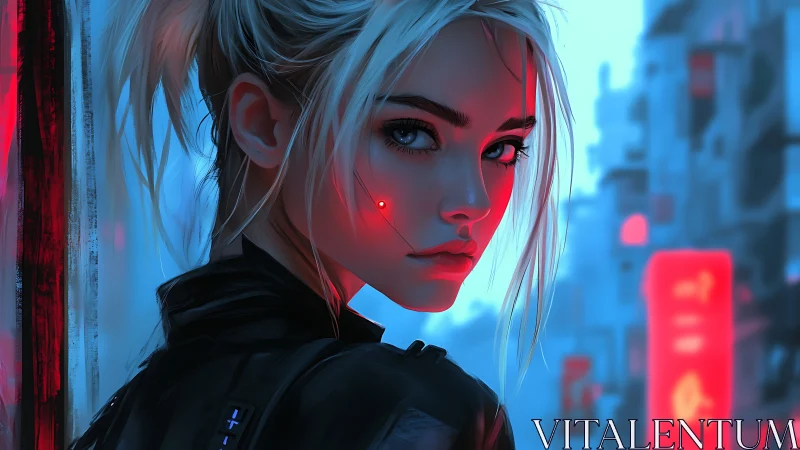 Cyberpunk woman turns in neon city with red facial light