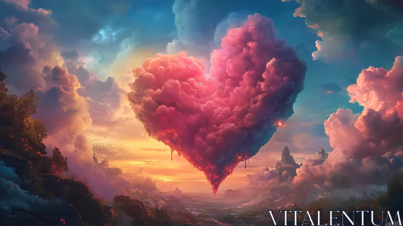 Massive heart-shaped cloud formation suspended above surreal landscape