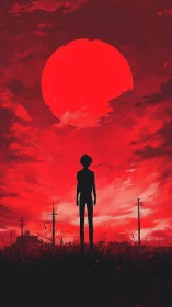 Silhouette figure under large red sun in stylized sky.