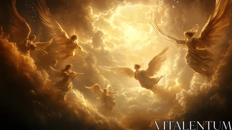 Radiant angels ascending through luminous golden clouds