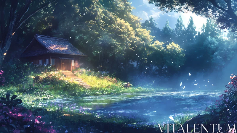 Wooden riverside house in dense forest under daylight.