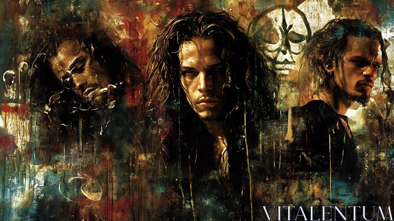 Brooding triptych of a lone rebel in swirling shadows.