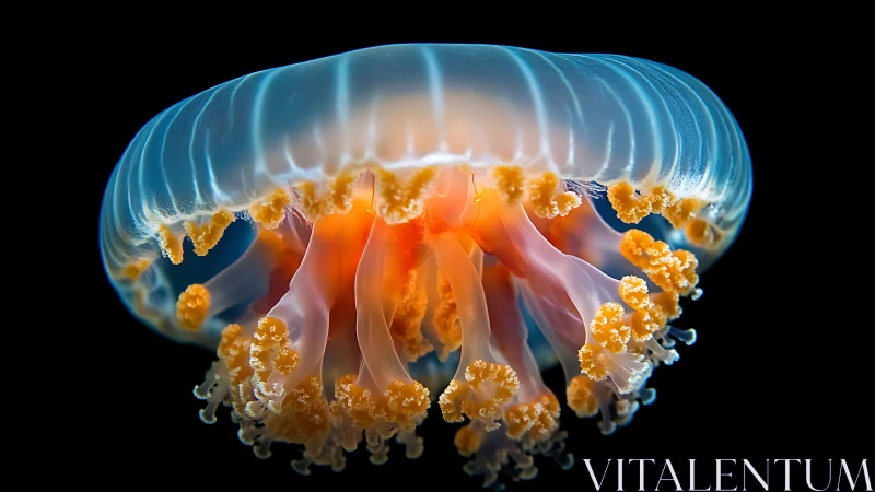 Translucent jellyfish with orange tentacles on black field.
