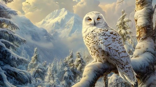 Majestic Snowy Owl in Winter Forest with Snow-Covered Mountains.
