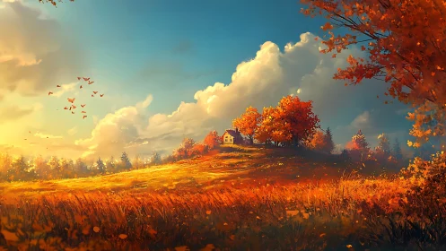 Golden hilltop cottage glowing in gentle autumn light.