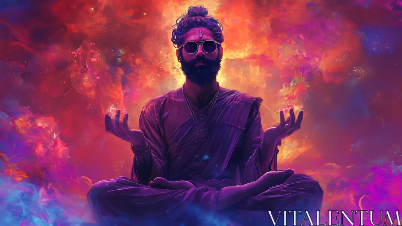 Cosmic meditator levitates within neon nebula glow