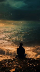 Solitary figure watches stormy ocean under glowing night sky