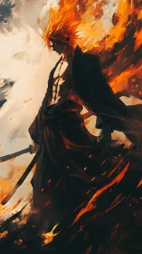 Flaming swordsman strides through swirling inferno storm.