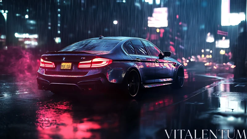 BMW sedan is rendered on wet neon lit street at night