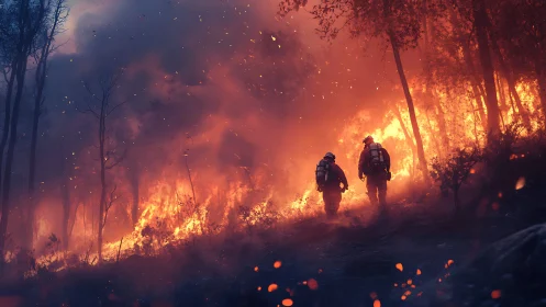 Forest Fire Scene With Two Firefighters Navigating Intense Flames