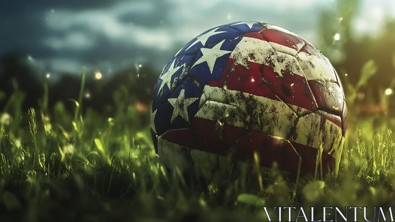 Weathered soccer ball with USA flag pattern on grass field.