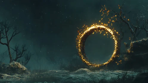 Glowing circular structure is suspended in a sparse rocky landscape