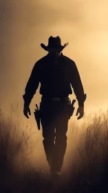 Silhouetted cowboy strides through dusk haze in dramatic backlight