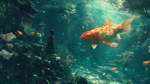Golden koi glides through mystical submerged temple realm.