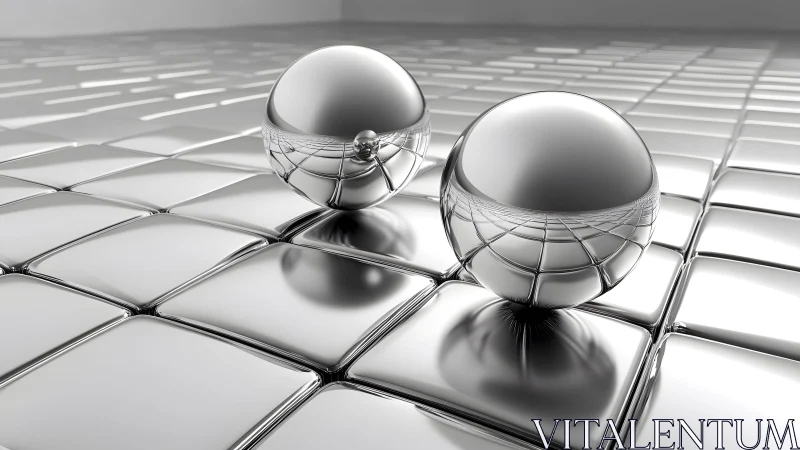Twin chrome spheres dancing on a mirrored digital gridscape.