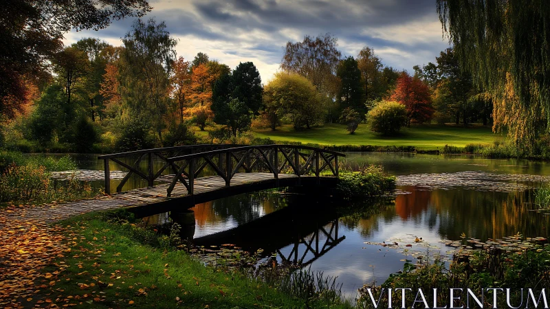 Arched wooden bridge spans reflective autumn pond under clouds