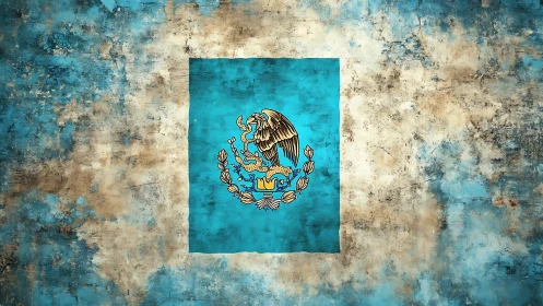Mexican eagle emblem on distressed turquoise painted wall.