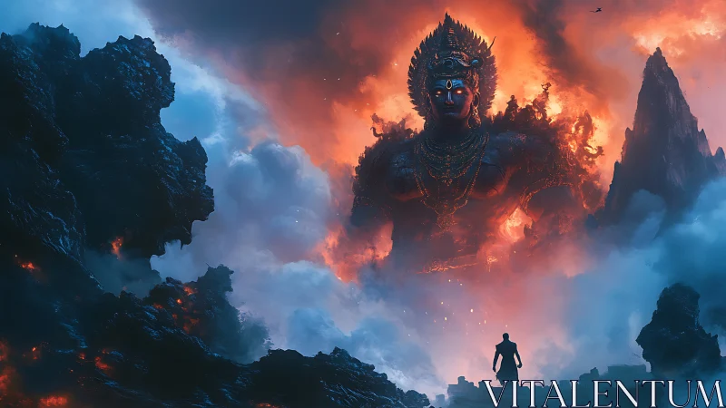 Colossal fiery deity over volcanic landscape with figure.