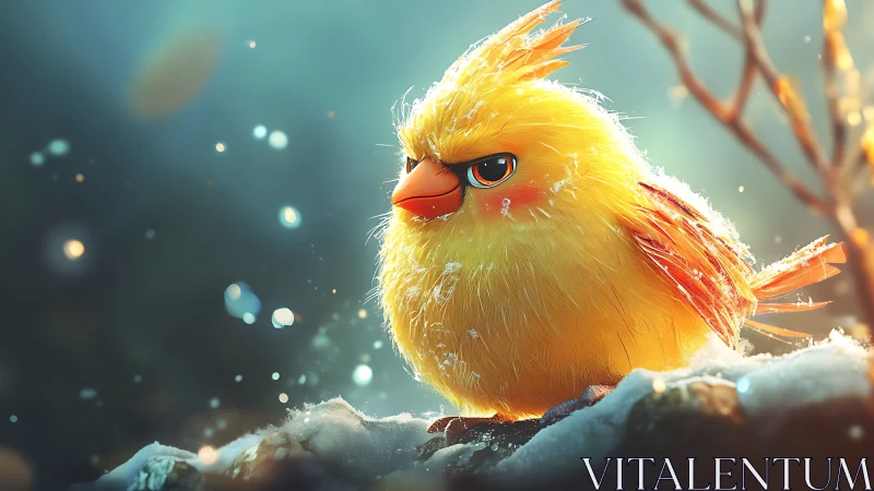 Fluffy Angry Yellow Bird in Snowy Forest, Cinematic Digital Art.