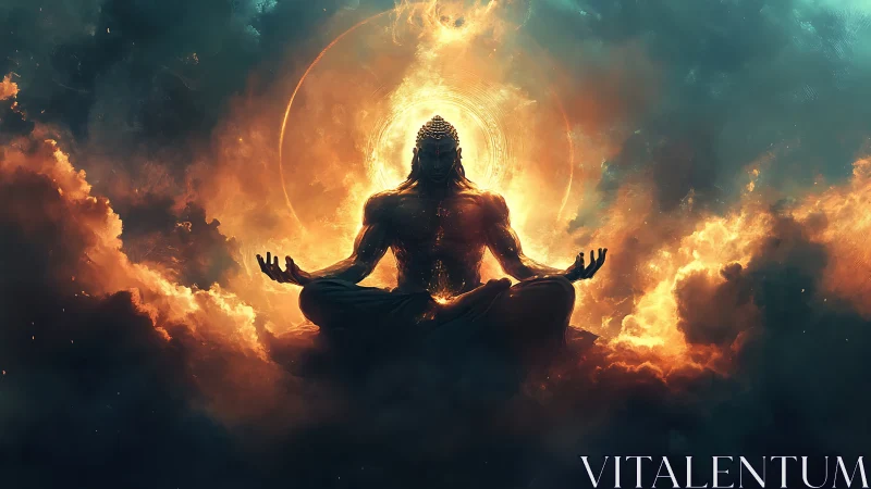 Cosmic monk silhouette radiates blazing celestial aura.