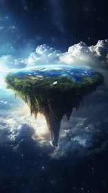 Floating Realm: Earthborne Island Suspended Above Clouds and Stars.