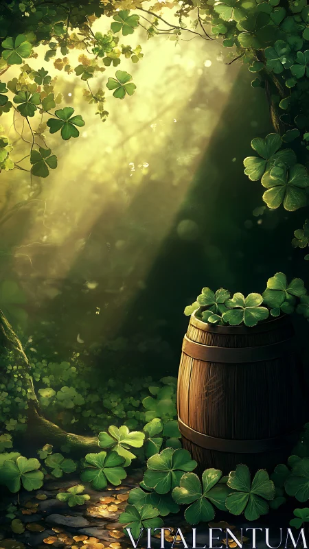 Digital painting of clover grove and rustic barrel tableau.