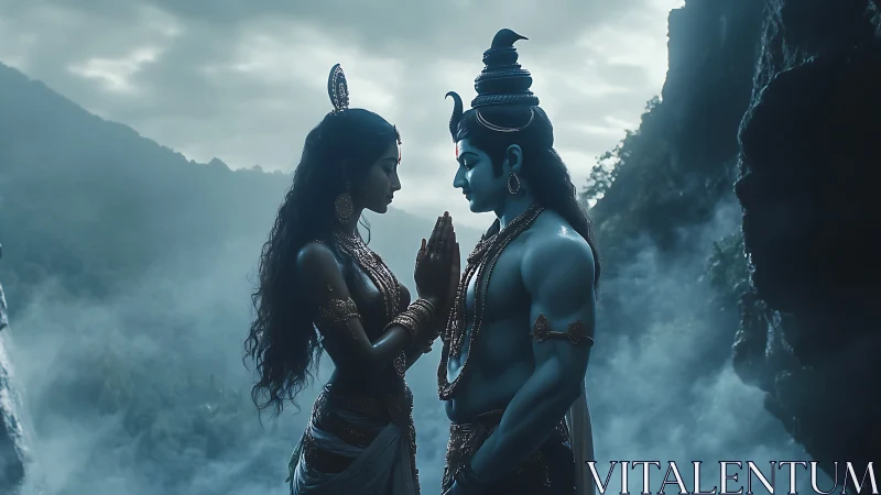 Divine lovers meet in misty mountains, palms joined in light.