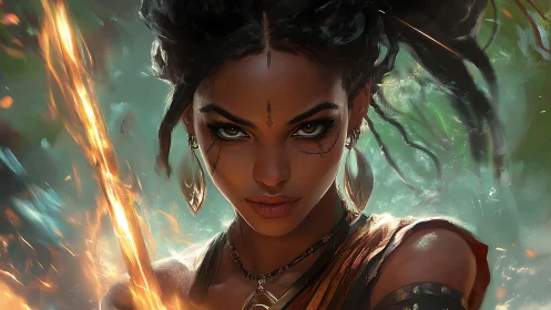 Warrior woman holds flaming sword and stares forward intently