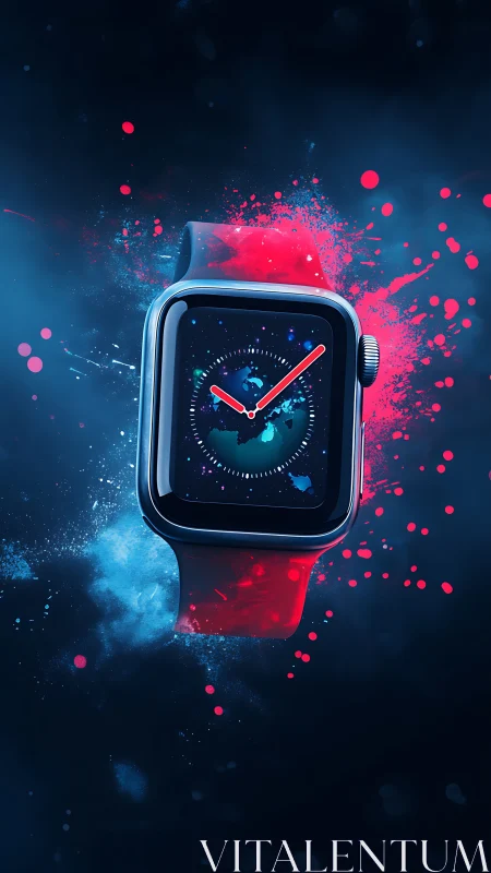 Smartwatch with neon splashes on dark abstract background.