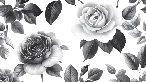 Grayscale Rose Illustrations with Botanical Leaf Elements