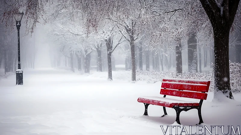 Red park bench contrasts high-key snowy avenue under soft fog