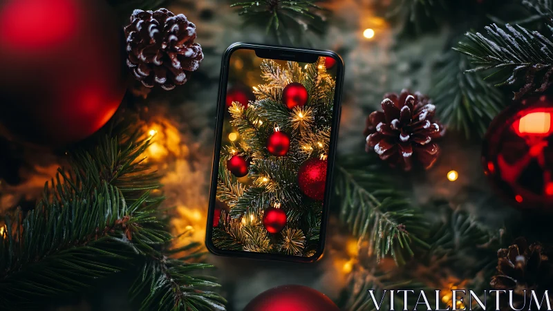 Smartphone screen mirrors vivid Christmas tree ornaments