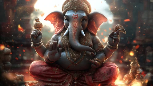 Divine elephant deity in ornate gold, seated amid embers.