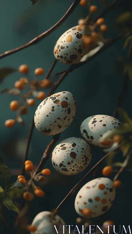 Macro study of speckled bird eggs on branch with berries.
