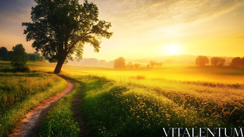 Rural dirt path through meadow under low sunrise light.