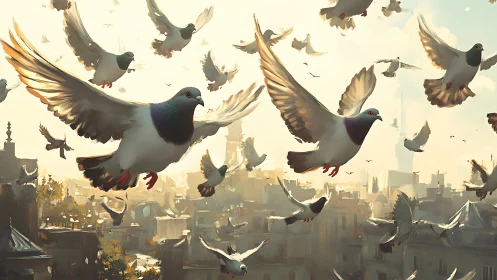 Urban pigeon flock in sunrise atmospheric perspective study.
