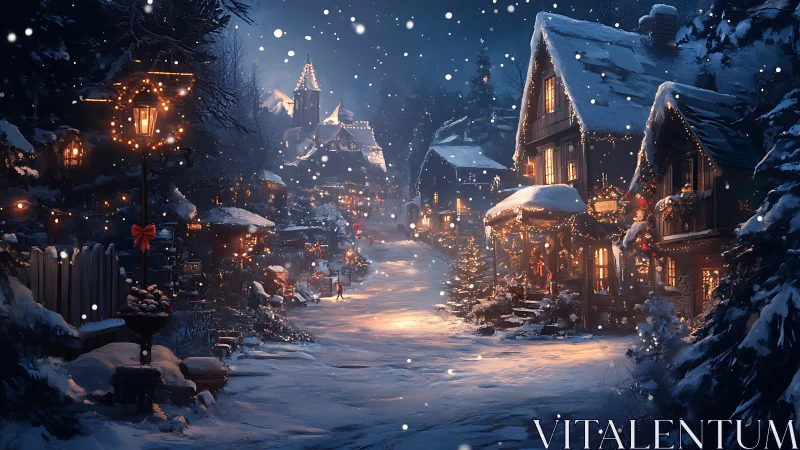 Snowfall sketches a glowing Christmas village into night