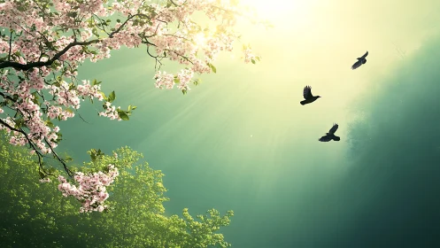 Spring blossoms frame sunlit sky with soaring birds.