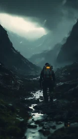 Solitary exosuit explorer in stormlit, narrow mountain ravine